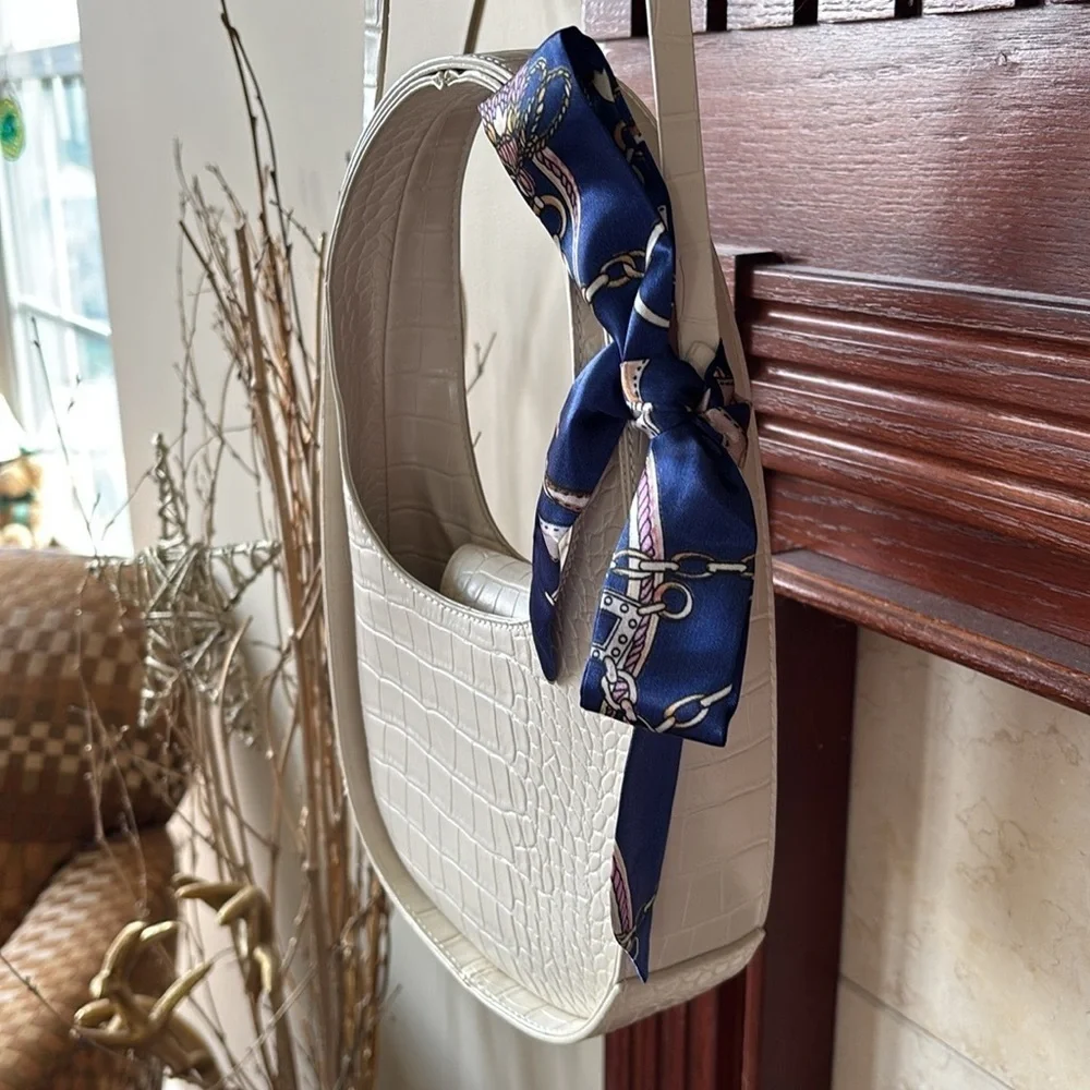 A New Day Cream Faux Crocodile Structured Crossbody Purse w/ Blue Nautical Twill - Picture 3 of 15